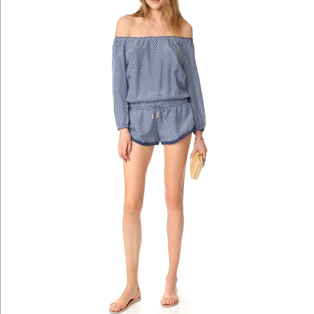 Paloma Blue Hamptons off the shoulder silk romper